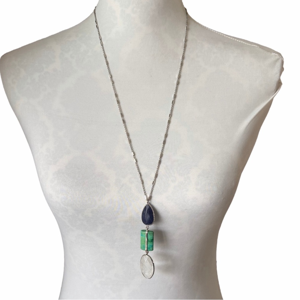 LOFT Long Pendant Necklace Blue Green Stone Silver Tone